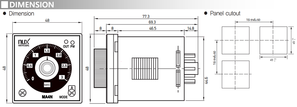 Kích thước Bộ định thời analog đa năng - Hanyoung MA4N-A