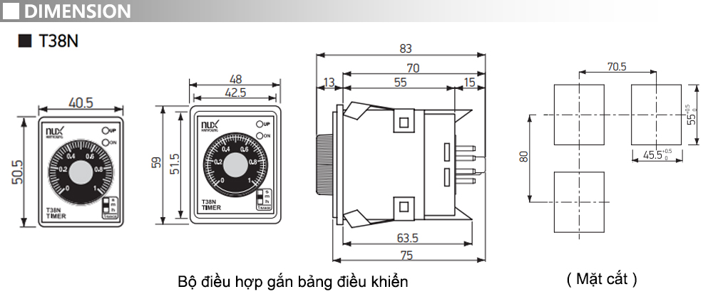 Kích thước Bộ định thời analog - Hanyoung T38N-12HA