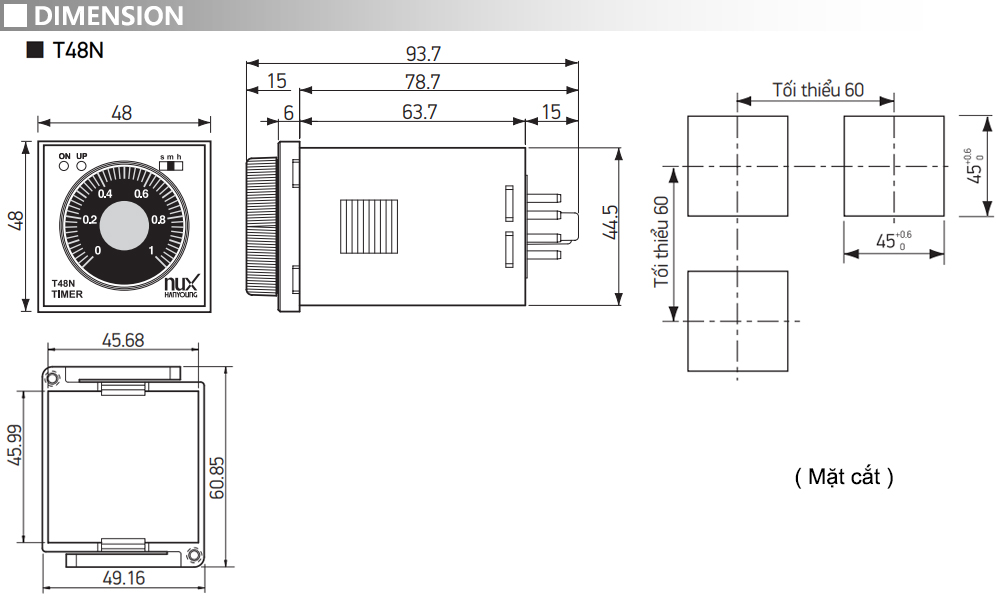 Kích thước Bộ định thời analog On-Delay - Hanyoung T48N-60A