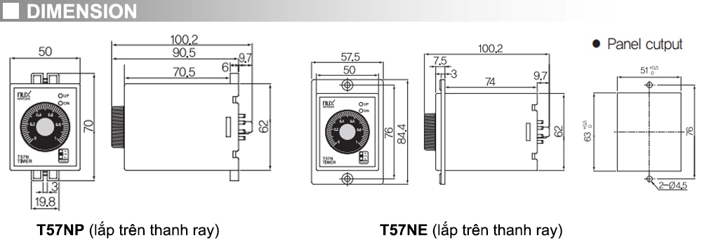 Kích thước Bộ định thời analog On-Delay - Hanyoung T57NP-10B