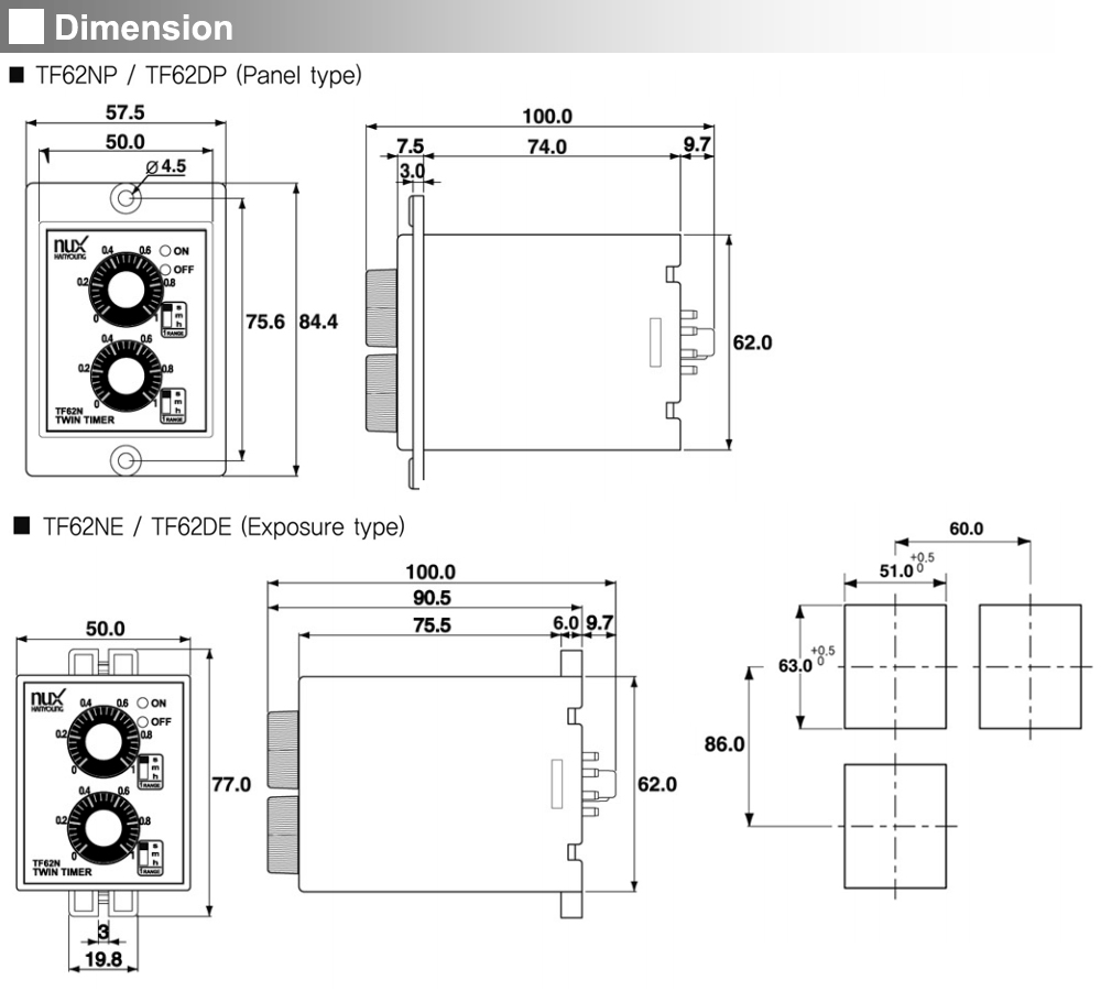 Kích thước Bộ định thời đôi analog - Hanyoung TF62NP-60D