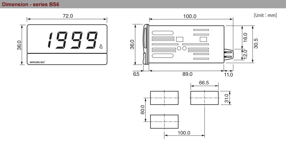 Kích thước Bộ hiển thị điện áp DC Hanyoung BS6-ND201