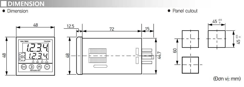 Kích thước Bộ định thời kép kỹ thuật số - Hanyoung TT4-P42B