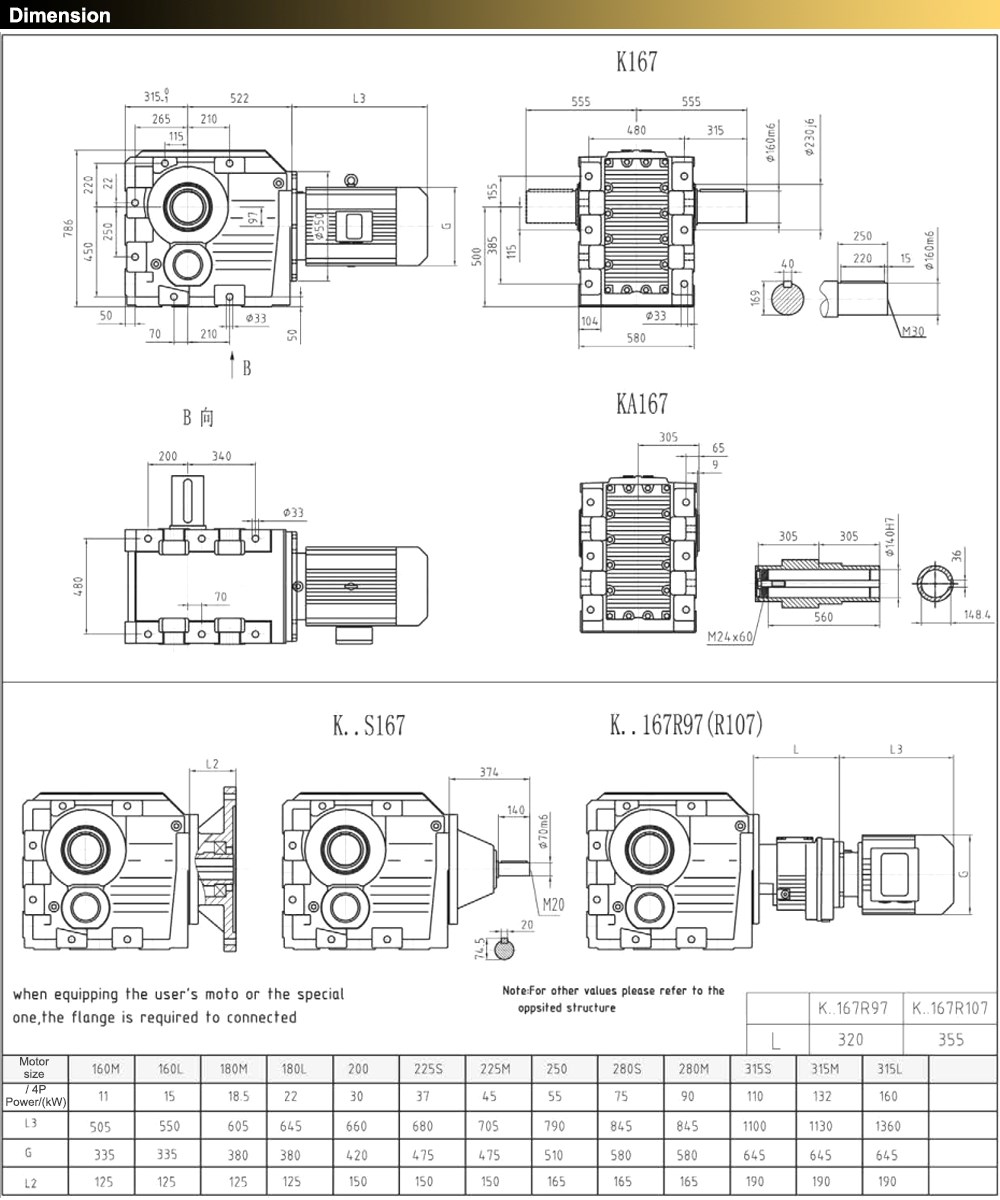 Kích thước Giảm tốc tải nặng trục vuông góc KA167