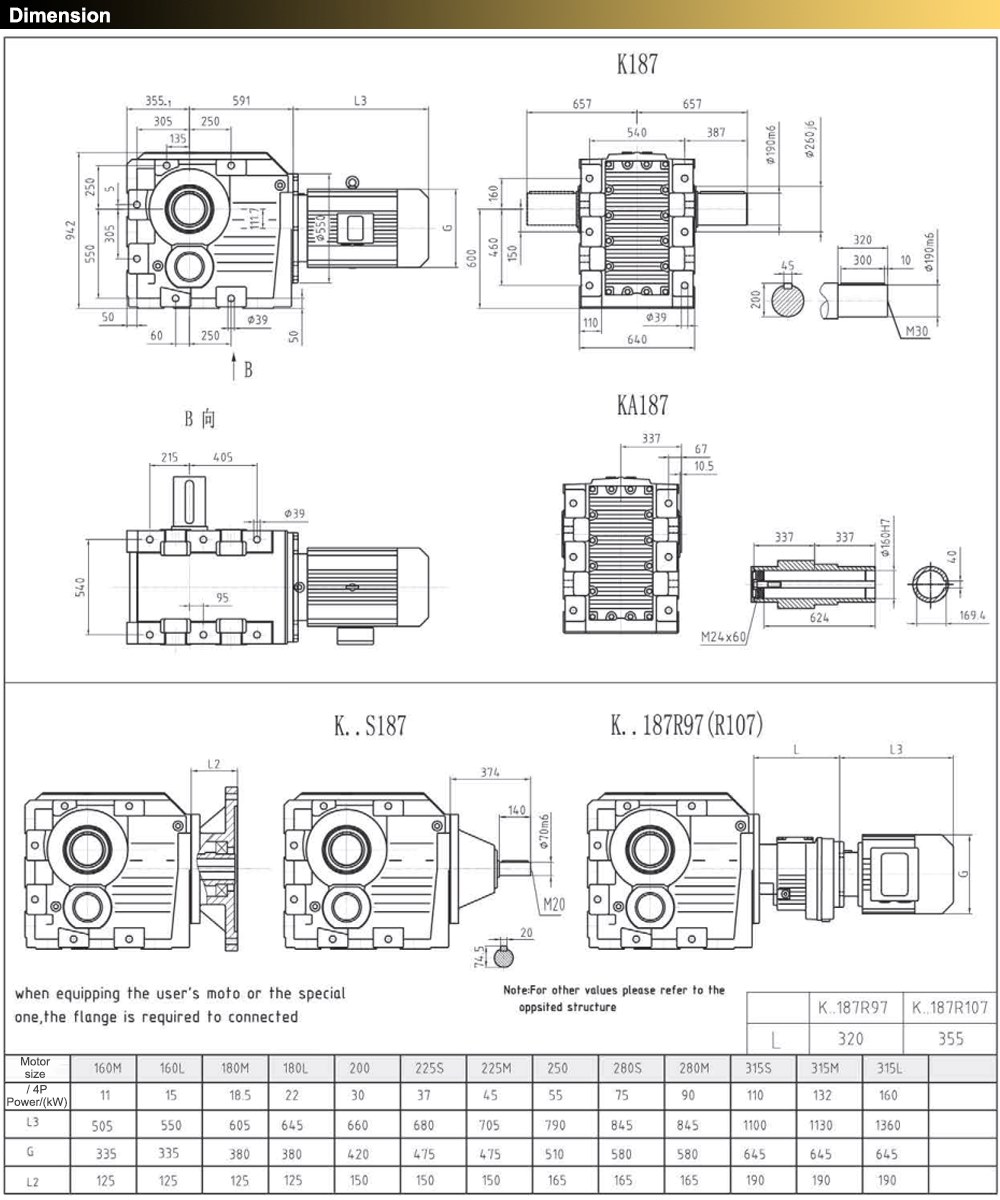 Kích thước Giảm tốc tải nặng trục vuông góc KA187