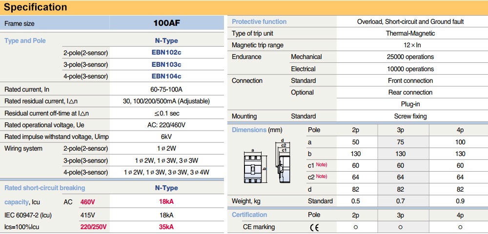 Thông số kỹ thuật Cầu Dao chống giật LS EBN103c 60A
