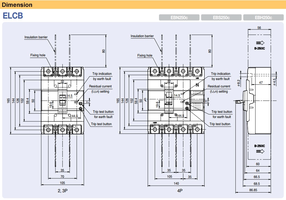 Kích thước Cầu Dao chống giật LS EBN203c