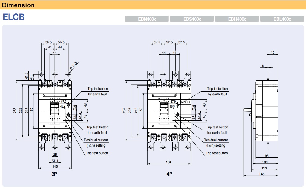 Kích thước Cầu Dao chống giật LS EBN403c