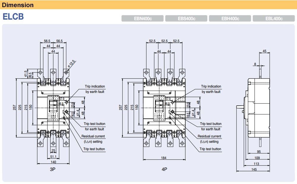 Kích thước Cầu Dao chống giật LS EBN404c