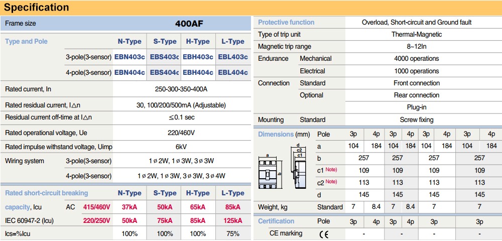 Thông số kỹ thuật Cầu Dao chống giật LS EBN403c 400A