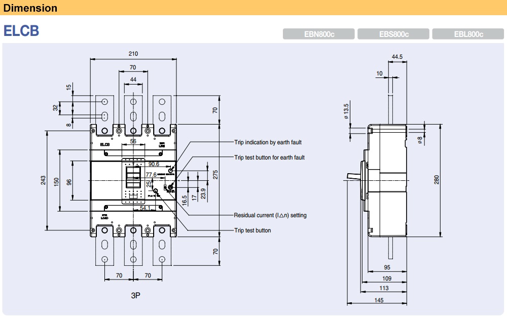Kích thước Cầu Dao chống giật LS EBN803c