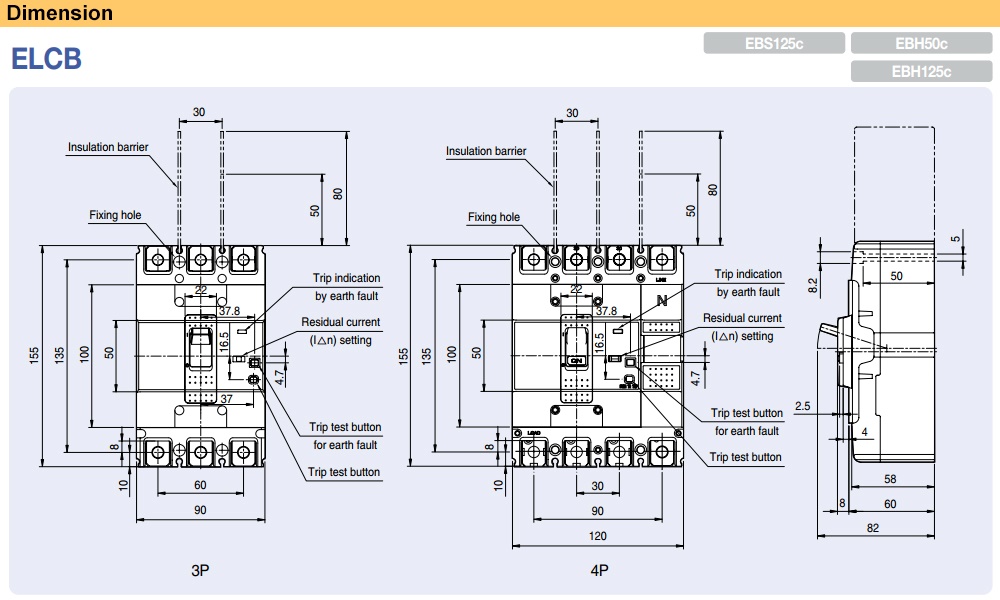 Kích thước Cầu Dao chống giật LS EBS104c