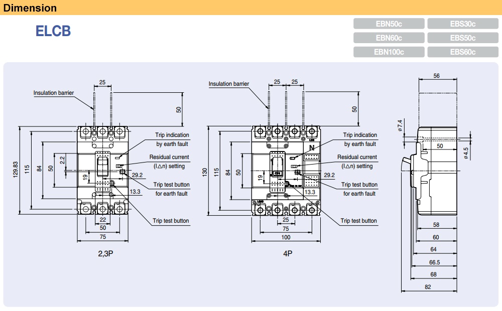 Kích thước Cầu Dao chống giật LS EBS52Fb
