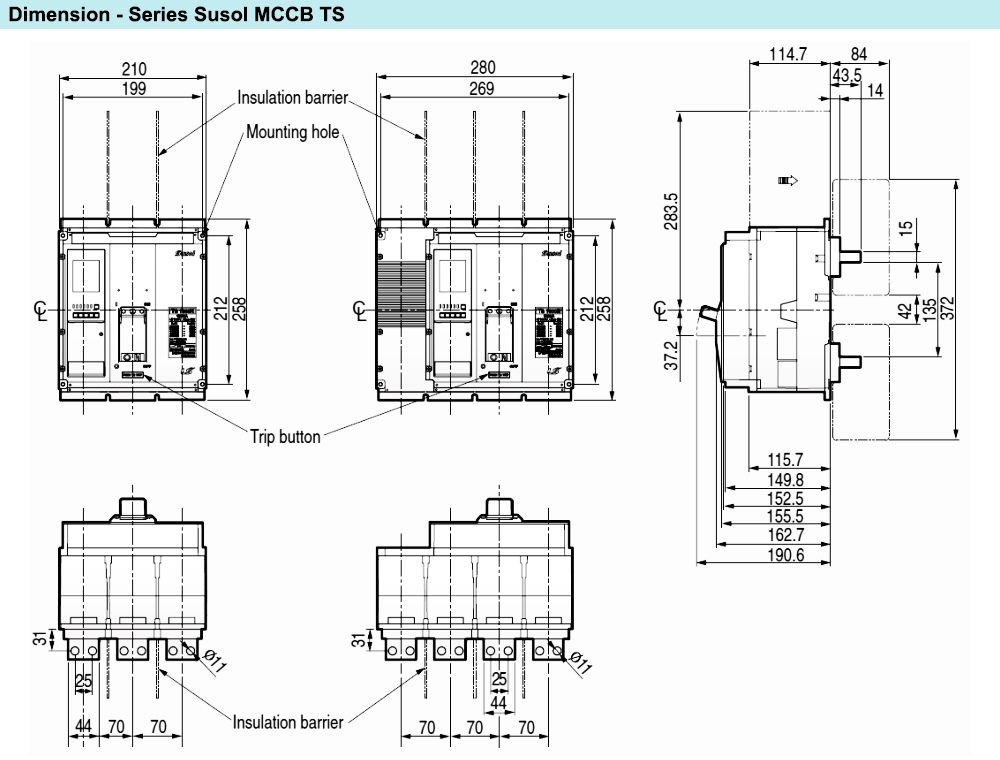 Kích thước Cầu Dao Tự Động - MCCB LS TS1000N 3P