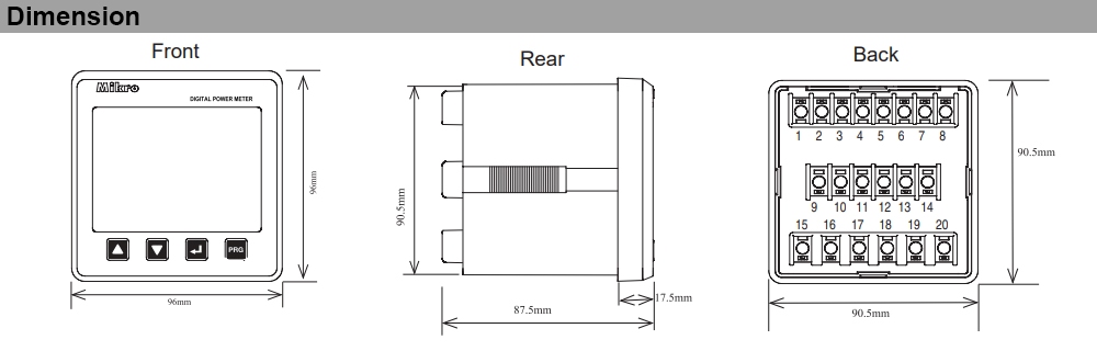 Kích thước Đồng hồ đo đa năng Mikro DPM380B-415AD