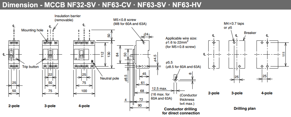 Kích thước Cầu Dao Tự Động - Mitsubishi NF63-CV 2P 30A