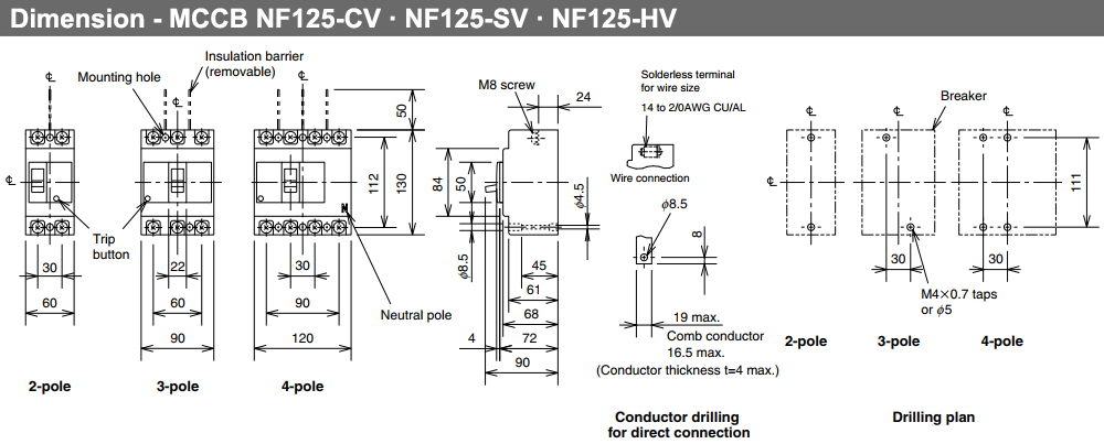 Kích thước Cầu Dao Tự Động - Mitsubishi NF125-CV 2P 100A