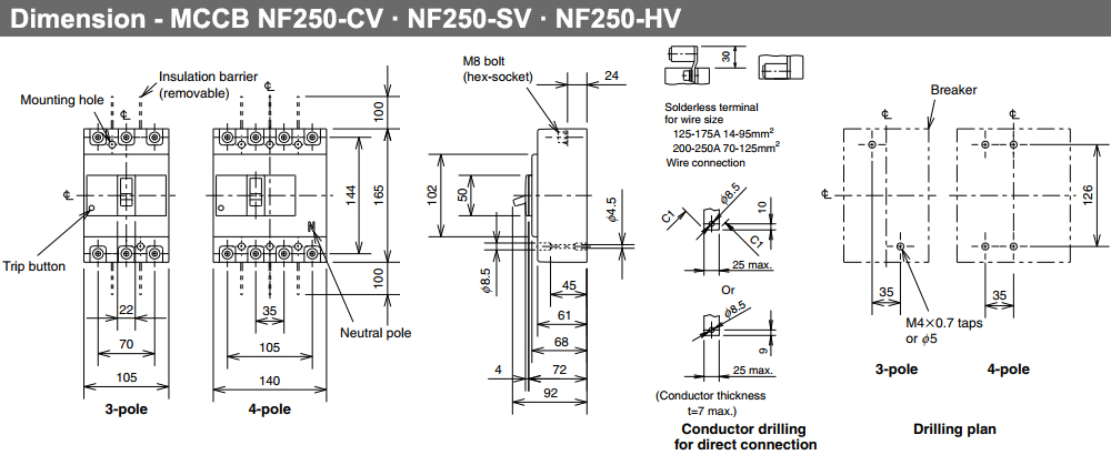 Kích thước Cầu Dao Tự Động - Mitsubishi NF250-CV 3P 200A