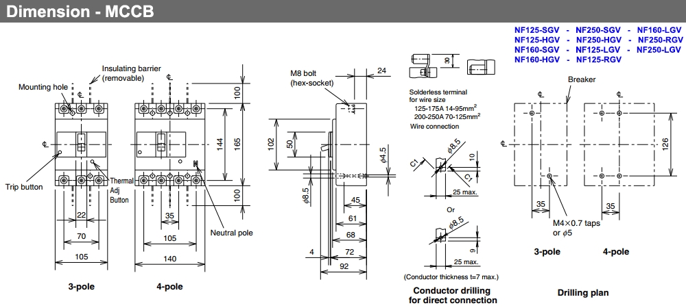 Kích thước Cầu Dao Tự Động - Mitsubishi NF125-SGV 3P 32-40A