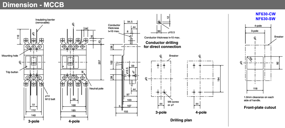 Kích thước Cầu Dao Tự Động - Mitsubishi NF630-SEW 3P 630A