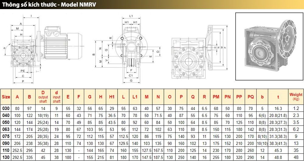 Kích thước : Hộp giảm tốc Suppor NMRV 30 mm