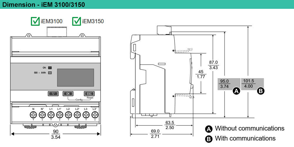 Kích thước Đồng hồ đa năng - Schneider A9MEM3100