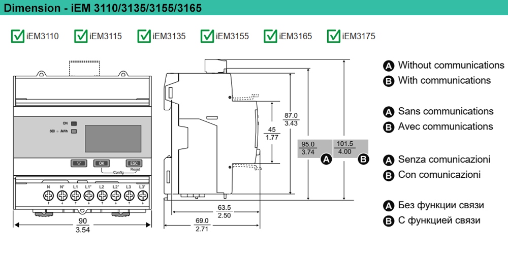 Kích thước Đồng hồ đa năng - Schneider A9MEM3135
