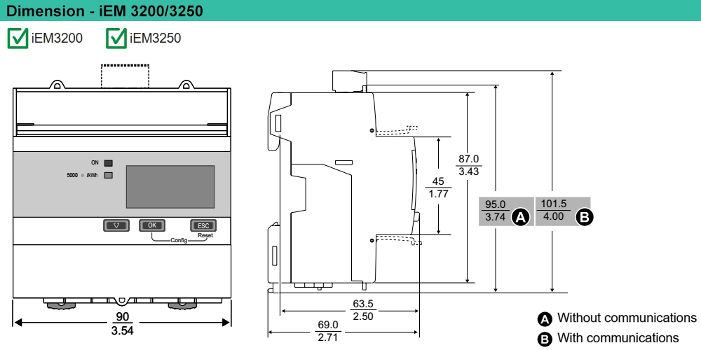 Kích thước Đồng hồ đa năng - Schneider A9MEM3200