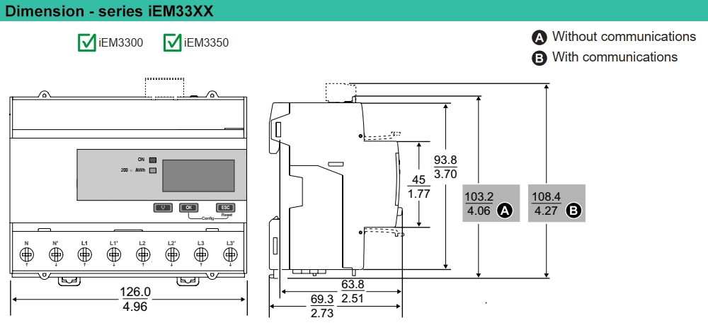 Kích thước Đồng hồ đa năng - Schneider A9MEM3350