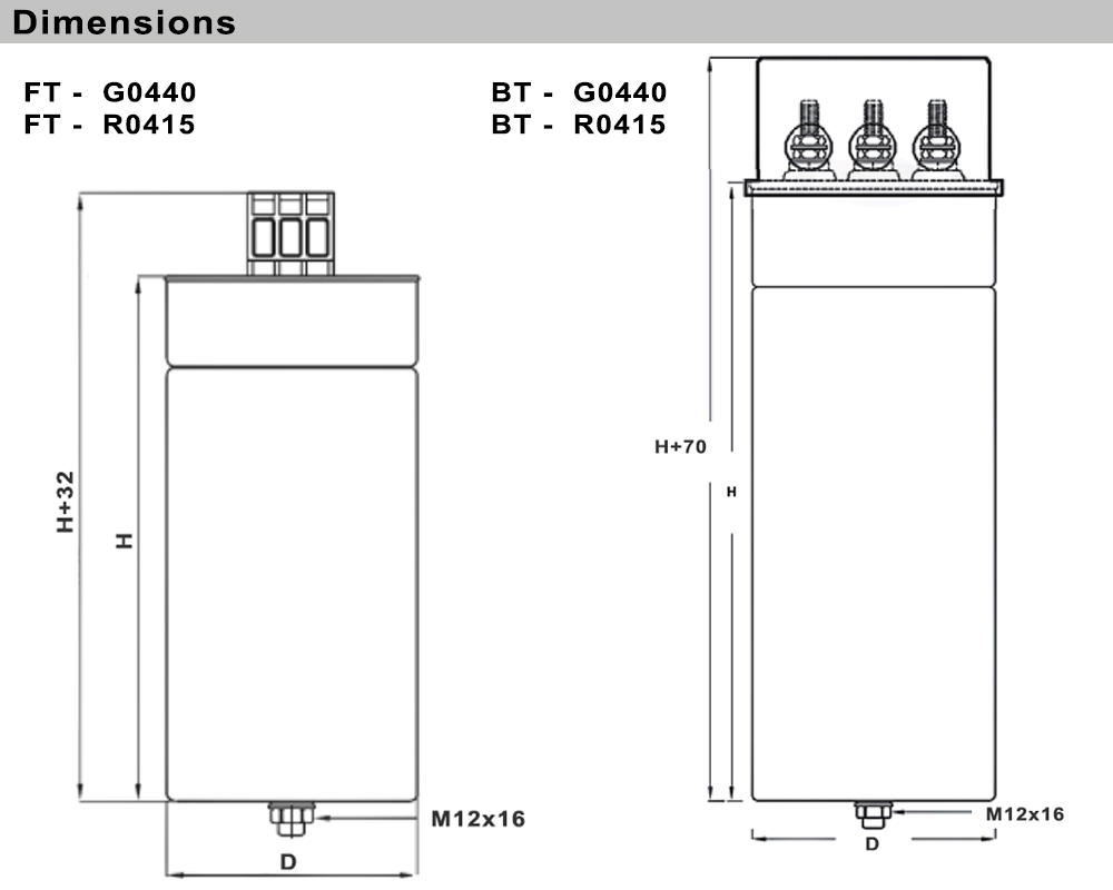 Kích thước Tụ bù dầu Shreem FT-H150-R0415-S1R3 - 3 pha 415V, 15kVar